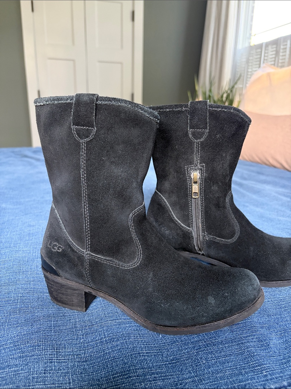 UGG Black Distressed Suede Mid-Calf Zip Heeled Boots